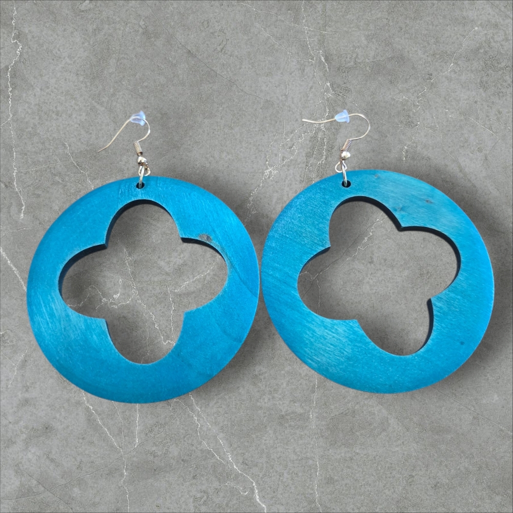 Pastels Clothing Blue Floral Cutout Wood Hoop Earrings